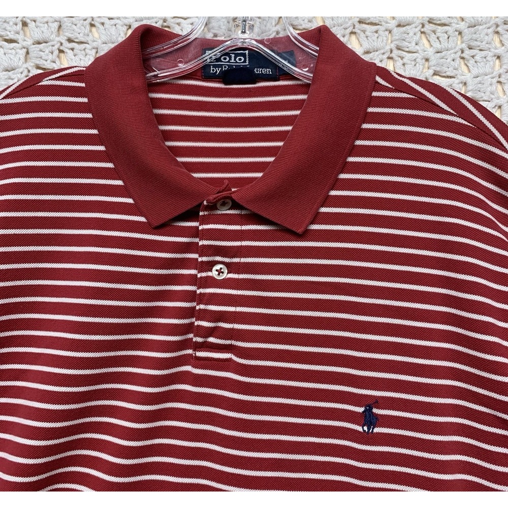 VTG Polo Ralph Lauren Polo Shirt Mens XL Red Striped 100%pima Cotton Short Sleev